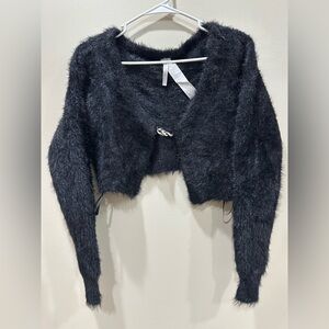 Fabletics Mini Cropped Black Fuzzy Cardigan